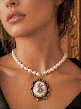 Handmade 925 Silver 22K Gold Mallorca Freshwater Pearls Floral Pendant Necklace